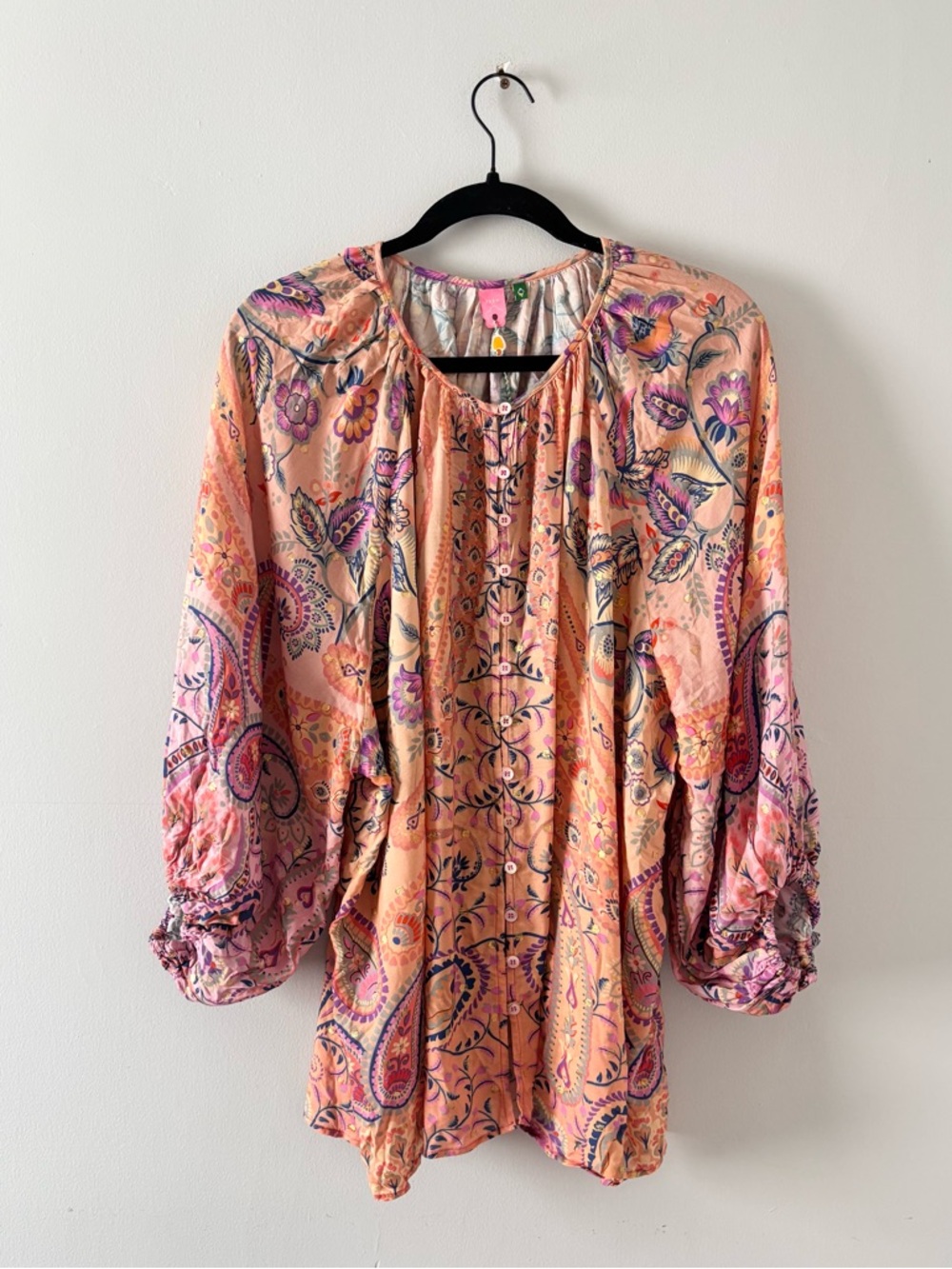 Farm Rio NWT Button-Up Peasant Blouse Long Sleeve Balloon Sleeves Printed